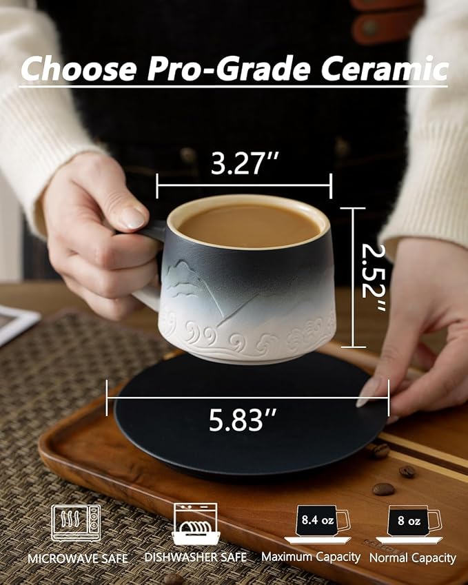 8 oz Cappuccino Cups Set of 2, Embossment Artistic Ceramic Coffee Cups with Saucers Set for Latte Art, Stoneware Cups for Cafe Au Lait, Black Tea, Coffee Lovers Gifts
