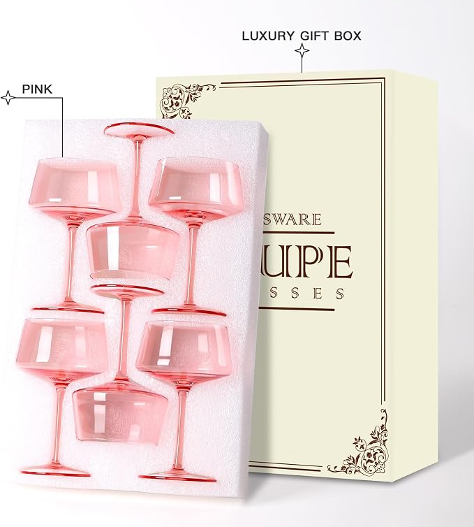 comfit Pink Coupe Glasses Set of 6-13 oz Large Capacity Martini Glassware - Versatile Tall Cocktail Glasses- Hand-Blown Colored Champagne Coupe Glass-Art Deco Cocktail Glasses Set-Wedding Gifts
