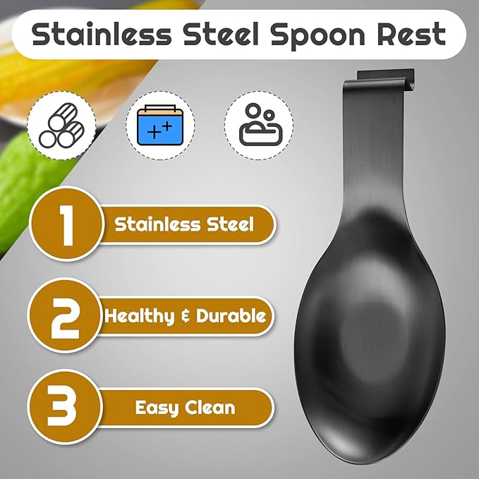 Nuanchu 6 Pcs Stainless Steel Spoon Rest Spatula Ladle Holder Spoon for Stove Top Heavy Duty Spatula Holder for Countertop Dishwasher Safe Utensil Rest for Kitchen, 3.8 x 9.6" (Black)