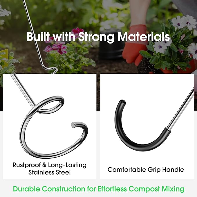 EJWOX Compost Aerator Tool, Heavy Duty Spiral Compost Turner with Ergonomic Handle, Manual Soil Aeration Tool for Garden Compost Bin and Backyard Pile Mixing