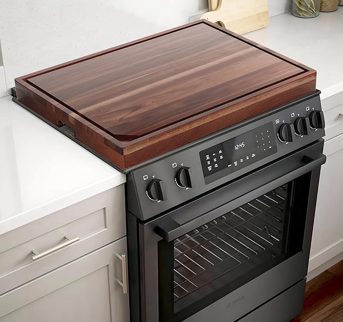 Acacia Stove Top Cover for Gas Burners & Electric Stove, Noodle Board Stove Cover with Wavy Handles, Wooden Stovetop Cutting Board with Juice Grooves, Serving Tray 30"L x 22"W x 2.5"H