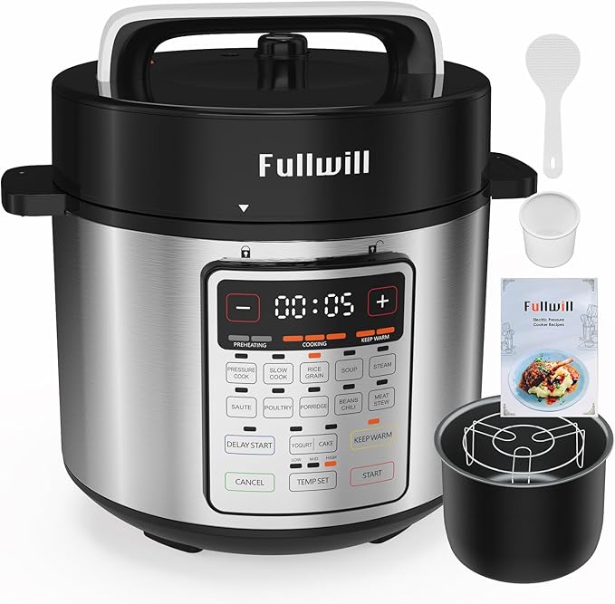 Fullwill 6QT Electric Pressure Cooker, 9-in-1 Multi-Use Programmable Pressure Cooker with Slow Cook, Rice Cook, Steamer, Sauté, Yogurt Maker, Food Warmer, Foodie Helper