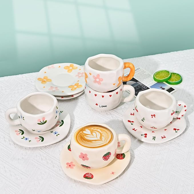 Koythin Ceramic Coffee Mug with Saucer Set, Cute Creative Pink and Blue Floral Cup Unique Irregular Design for Office and Home, 10 oz/300 ml for Latte Tea Milk
