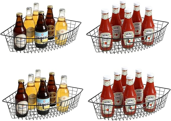 4 Pack Metal Lazy Susan Organizer Baskets with Handles – 1/4 Wedge Wire Storage Bins for 24" Lazy Susan Turntable, Kitchen Cabinet & Pantry Organizer, Black