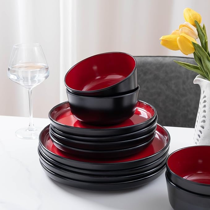 12-piece Dinnerware Sets Service for 4 - Dinner Plate, Dessert Plates, Cereal Bowls, Lightweight Melamine Plates and Bowls Sets, RV, Kitchen Dishes for Outdoor Use, Red and Black
