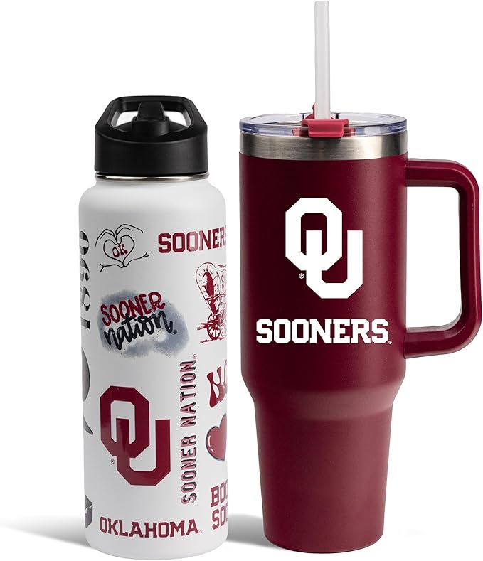 The Memory Company Officially Licensed NCAA 2-Pack Stainless Steel Tumbler Set, 34oz Team Spirit Water Bottle & 40oz Game Day Tumbler with Lid and Straw, BPA-Free Materials, Convenient Straw Design