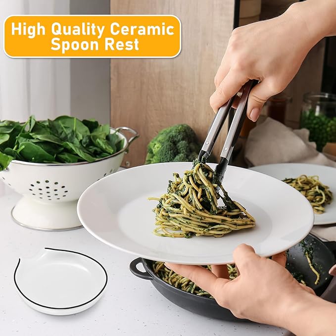 Irenare 8 Pcs Ceramic Spoon Rest for Stove Top, 3.74 Inch Porcelain Spoon Holder, Coffee Utensil Rest Heat Resistant Dishwasher Safe for Home Kitchen Accessories Gift(Black Edge)
