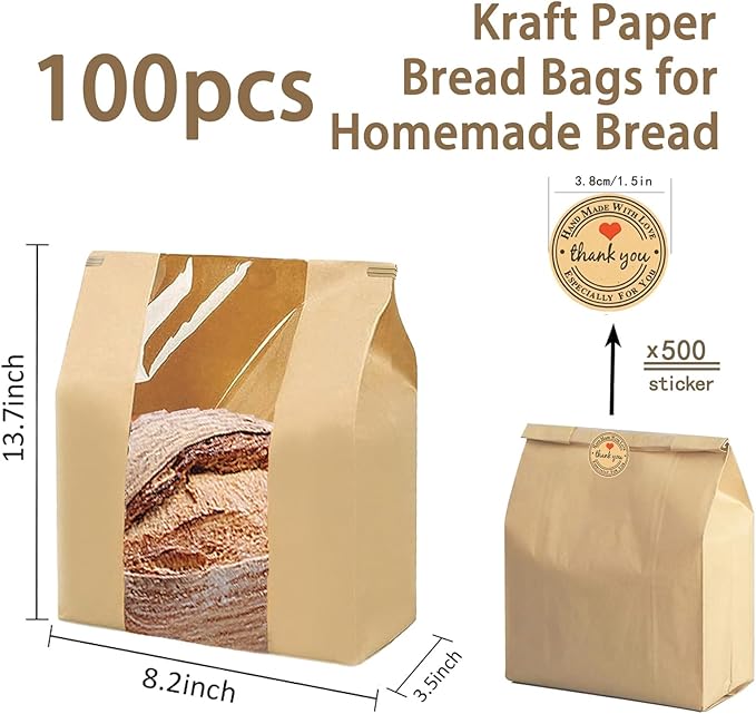 100 Pcs(13.7x8.2x3.5 in) Paper Bread Bags for Homemade Bread, Sourdough Bread Bags with Window, Sourdough Storage Bags for Bread Packaging includes 500 Cute Seal Stickers