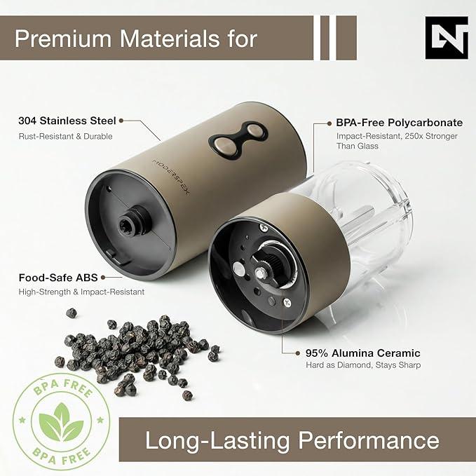 Electric Salt and Pepper Grinder Set USB-C Rechargeable, Dual-Speed Automatic Salt and Pepper Mills with 9 Adjustable Coarseness, Ceramic Burr, LED Light, Refillable, (Taupe Brown）