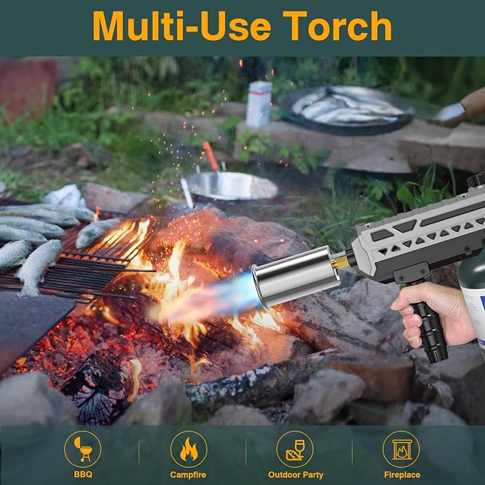 Sondiko Powerful Cooking Propane Torch Gun, Culinary Torch Campfire Starter, Adjustable Weed Torch Burner for Searing Steak, BBQ, Welding (Gray & Black) Propane Tank Not Included