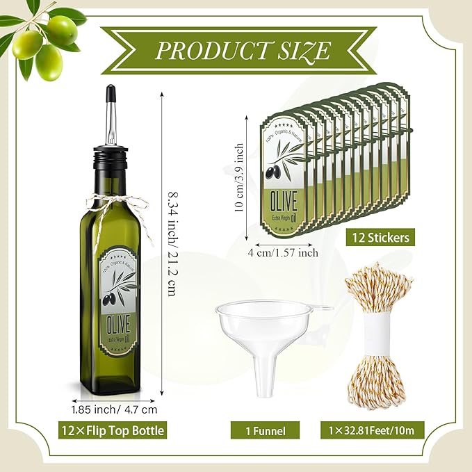 Honeydak 12 Sets 8 oz Glass Olive Oil Bottles Mini Empty Sauce Condiment Bottles with Pourers Sticker Glass Olive Oil Dispenser Vinegar Dispenser for Storing Wedding Baby Shower Gifts