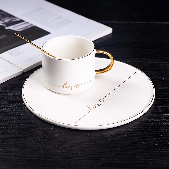 TJ Gobal Porcelain Coffee Mug, Tea Cup with Saucer and Golden Spoon with Gold Scripted Love and Trim for Hot Chocolate, Cappuccino, and Latte, 8 Oz. (White)