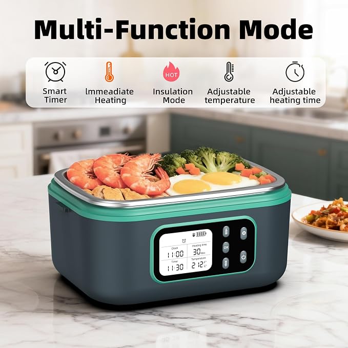 6.3 Cups Cordless Electric Lunch Box for Adults, 100W Rechargeable Battery Powered Automatic Scheduled Heated Lunchbox, Rapid Heating Portable Food Warmer BPA Free for Hot Meals Anywhere