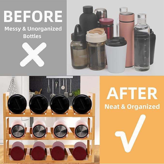 Pumtus 3 Tier Bamboo Water Bottle Organizer, Stackable Bottle Storage Rack, Tumbler Shelf Organizer, Wine Bottle Holder, Drinking Cup Display Rack for Cabinet Kitchen Cupboard, Hold 12 Bottles