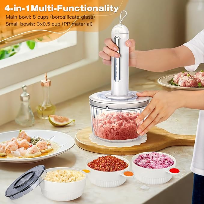 Glass Food Processor Small, USB Charging Wireless Electric Meat Grinder with 4 Blades & 4 Bowls (1x8 Cup+3x0.5 Cup), Mini Chopper Food Processor for Home Use, Onion, Garlic, Ginger, Baby Food