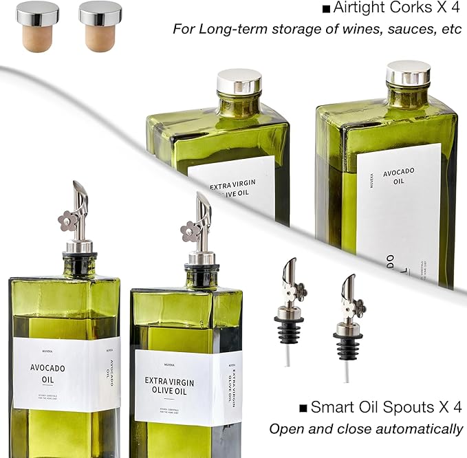 Olive Oil Dispenser Bottle for Kitchen, 16.9oz /500ml Cooking Vinegar Dispenser Bottle Set, Glass Sauce Container, Labels, Brush, Funnel, Stoppers, Green for Oil, Wine