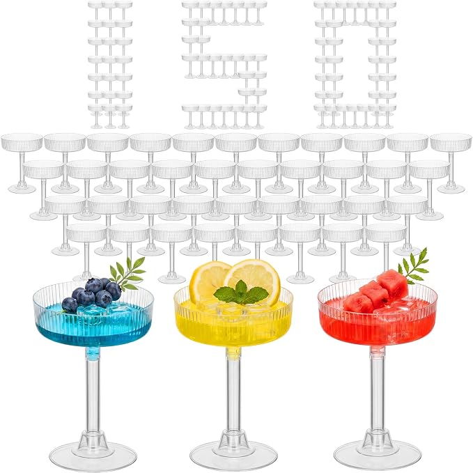 150 Pcs Ribbed Martini Glasses 5 oz Disposable Plastic Vintage Ribbed Coupe Glasses Cocktail Unbreakable Dessert Parfait Glassware for Wedding Party Supplies (Clear)