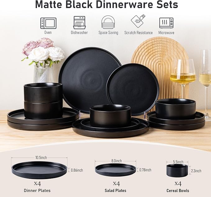 GBHOME Ceramic Dinnerware Sets of 4,Stoneware Plates and Bowls Sets,Chip and Crack Resistant | Dishwasher & Microwave Safe Dishes Set,Scratch Resistant- Service for 4 (12pc)-Matte Black