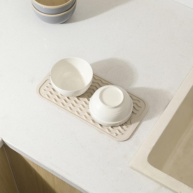 MicoYang Silicone Dish Drying Mat for Multiple Usage,Easy clean,Eco-friendly,Heat-resistant Silicone Mat for Kitchen Counter or Sink,Refrigerator or Drawer Liner Tapioca S 12 inches x 6 inches