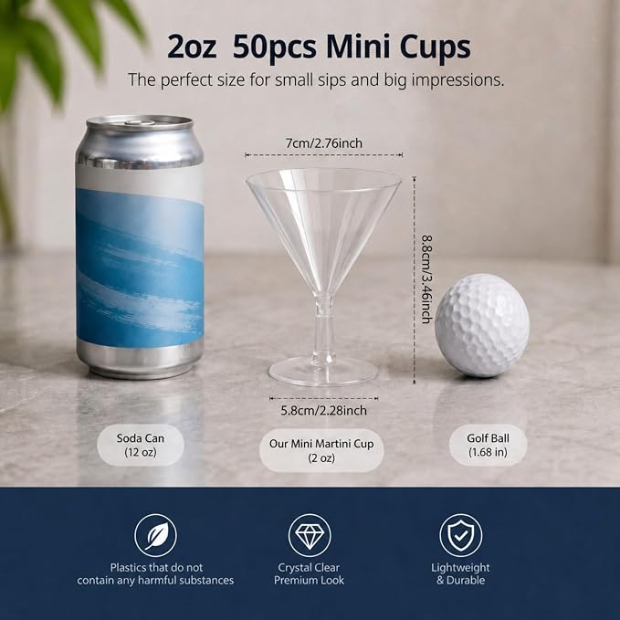 Yinkin 50 Pcs 2 oz Plastic Martini Glasses Disposable Clear Cocktail Dessert Parfait Glasses Unbreakable Mini Martini Cups for Wedding Party Bowl Wine Ice Cream