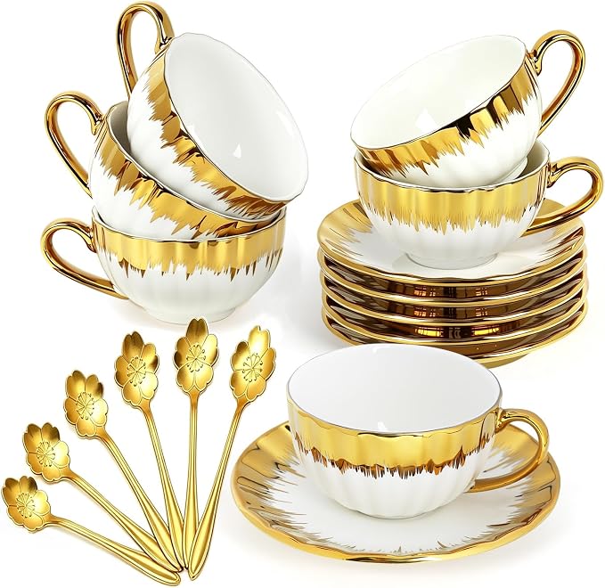 Cappuccino Cups with Saucers, 8 oz Ceramic Coffee Cup Set of 6, Espresso Cups with Sakura Spoons, Porcelain Tea Coffee Mugs for Specialty Coffee Gift, Microwave and Dishwasher Safe