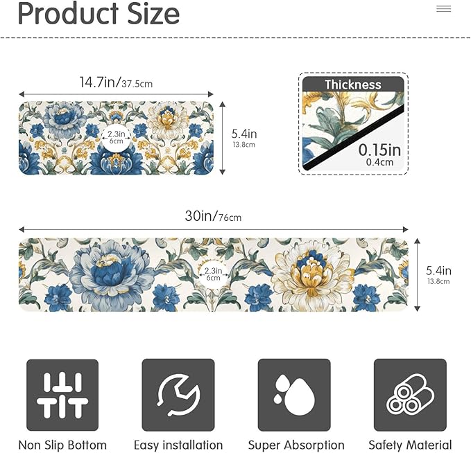 Kitchen Sink Splash Guard 1 PC 30 Inch Sink Faucet Mat Splash Guard for Bathroom Countertop Water Absorbent Foldable Cuttable Soft Washable Royal Floral Blue and Yellow Tile