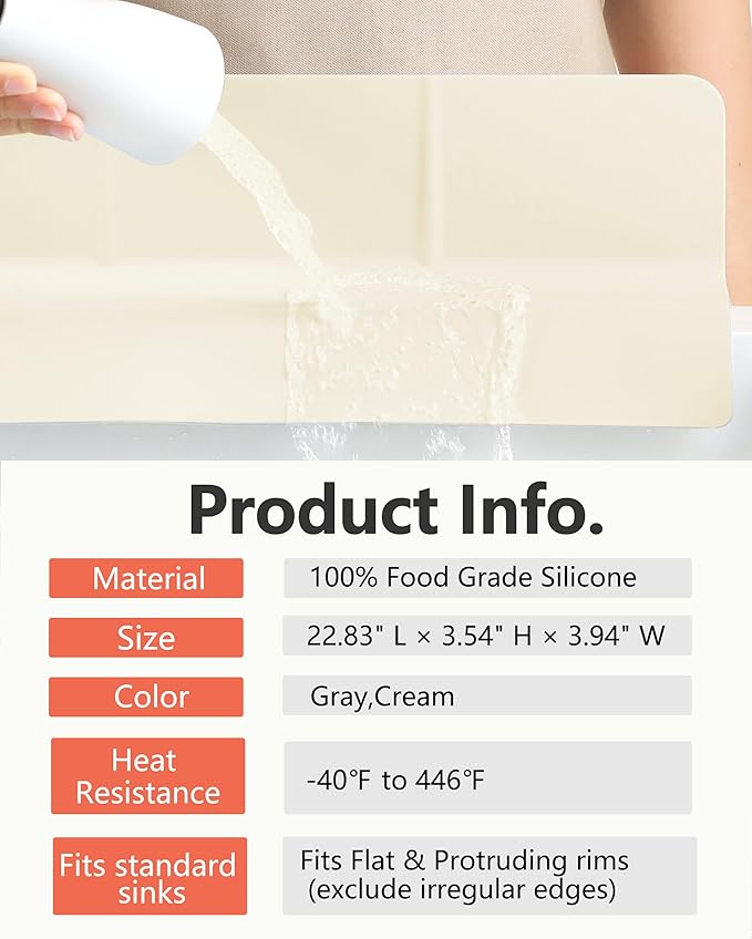 Kitchen Sink Splash Guard 23"18" Self-Draining Silicone Water Guard with High Splash Wall & Strong Suction Cups for Faucet, Countertop & Sink Edge, Keeps Sinks Dry, Dishwasher Safe,Cream