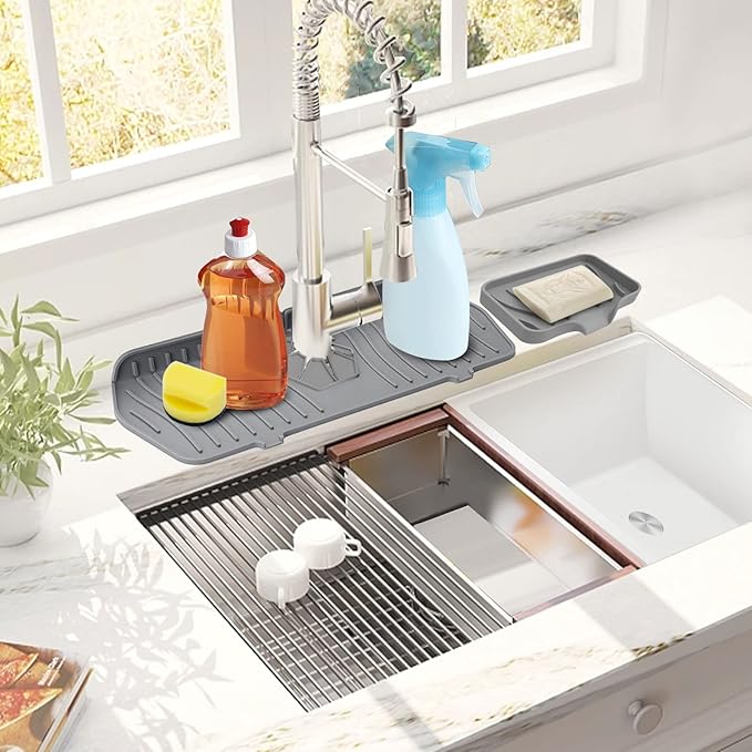 4 PCS Kitchen Sink Splash Guard and Soap Tray, Silicone Faucet Guard Mat Faucet Splash Catcher Sponge Holder with Drain Spout, Keep Kitchen Bathroom Sinks Countertop Soap Dry (grey)