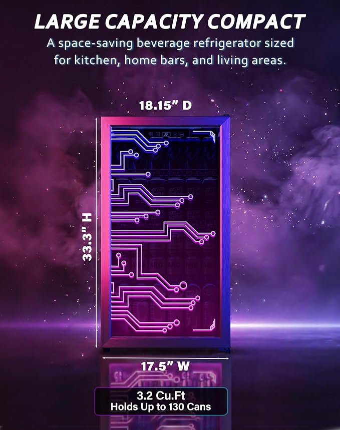 Tehanld 3.2 Cu.Ft Beverage Refrigerator, 130 Can Freestanding Drink Fridge with Glass Door and LED Light, Digital Temperature Control 35-65°F, Fan Cooling, Adjustable Shelves for Soda, Beer, Wine