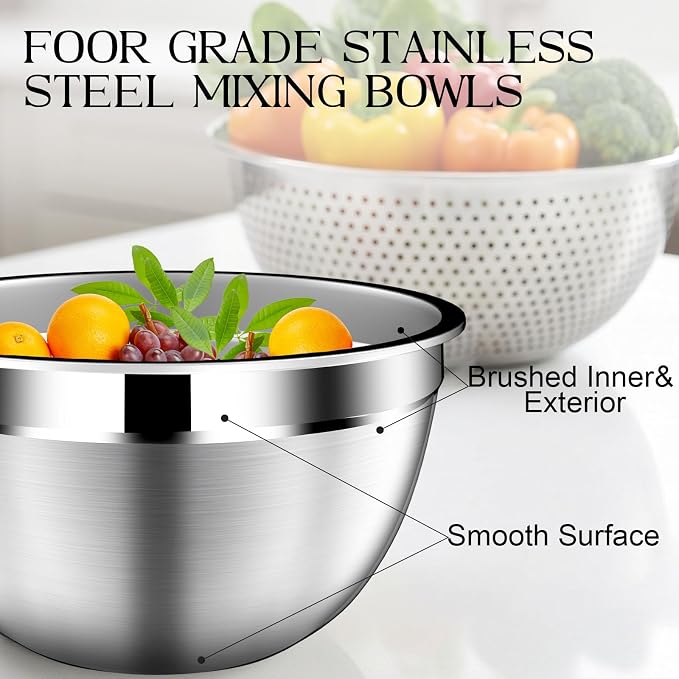 DUTZUN Mixing Bowls with Lids Set, Stainless Steel Mixing Bowl Set with Colander, Strainer with Bowls - Pistachio