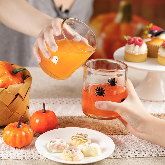 Skylety 4 Pcs Halloween Icon Glass Cups Set - 14oz Pumpkin Spider Bat Ghost Stemless Wine Glasses Double Old Fashioned Icon Hand Blown Drinking Cups for Halloween Party Supplies & Gift