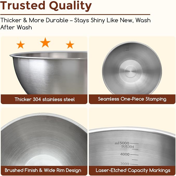 Gronivex 304 Stainless Steel Mixing Bowls, 5-Piece (1.5-5.3 Qt) | Food-Grade Metal, Dishwasher safe，Stackable Nesting & Space-Saving – Ultimate for Large Family Baking or Party Cooking