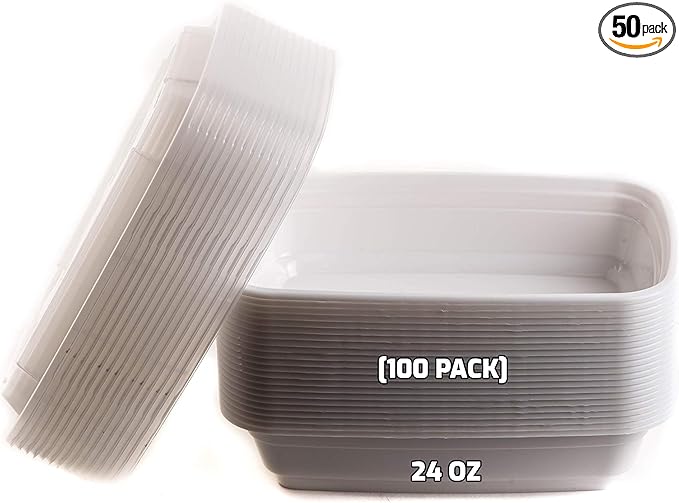 EcoQuality Meal Prep Containers [100Pack] White Rectangle Container with Lids, Food Storage Bento Box, Microwavable, Disposable, Stir Fry | Lunch Boxes | BPA Free | Freezer/Dishwasher Safe (24 oz)