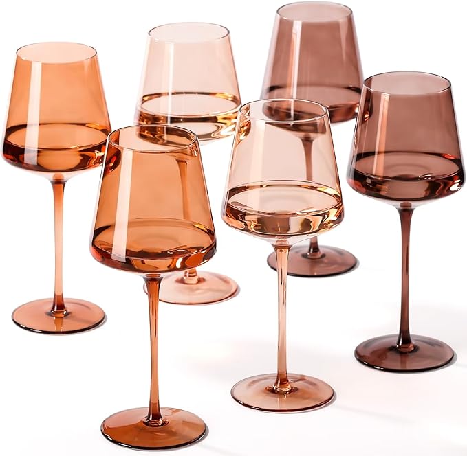 Brown Wine Glasses Set of 6-18oz【Original Hand Blown】 Colored Wine Glasses with Tall Long Stems and Flat Bottom, Amber Colored Glassware-Unique Gifts for Wine Lovers-Wedding Gifts