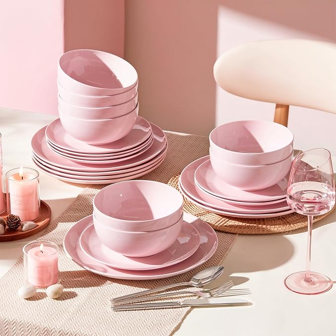 KINGSTONE 18-Piece Bone China Dinnerware Set for 6, Lightweight Porcelain Round Plates and Bowls Set, Durable Scratch Resistant Ceramic Dinner Set, Microwave & Dishwasher Safe, Sakura Pink