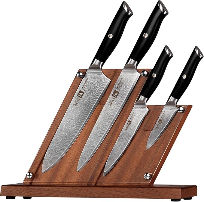 Klaus Meyer Empira 5 Piece Damascus Kitchen Knife Set With Magnetic Block | VG-10 Damascus Steel, Full Tang, Ultra Sharpness, Ergonomic ABS Handle, Strong Magnetic Block, Ideal Gift For Passionate Chef