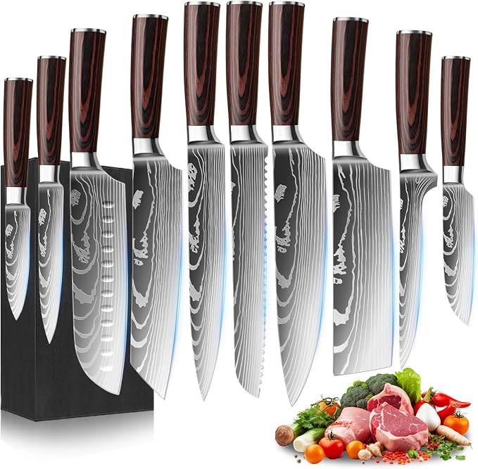 10-Piece Premium Japanese Kitchen Knife Set - Star Collection, Laser Damascus Pattern, 440A Stainless Steel Ultra Sharp for Fast Cutting (Redwood 10J)