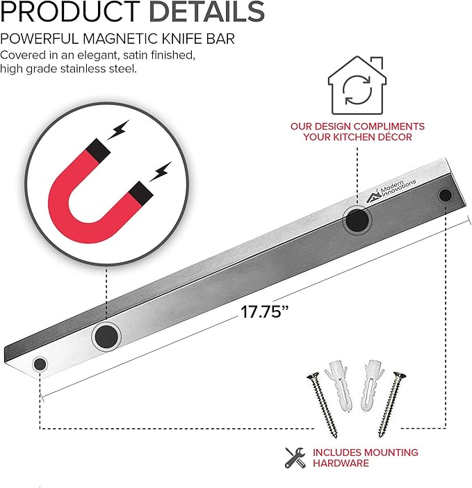 Modern Innovations 18 Inch Stainless Steel Magnetic Knife Bar - Use as Knife Holder, Rack, Strip, Kitchen Utensil and Tool Holder