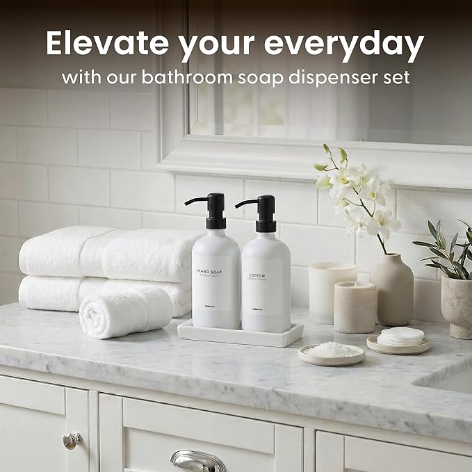 MaisoNovo Bathroom Soap Dispenser Set - Soap and Lotion Dispenser Set with White Soap Dispenser, Black Pumps & Concrete Tray