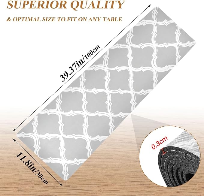 2 in 1 Table Runner Trivet for Hot Pots and Pans Heat Resistant Non Slip Waterproof 39 x 12 Inch Decorative Table Protector for Kitchen Countertop Silver Minimalist Quatrefoil