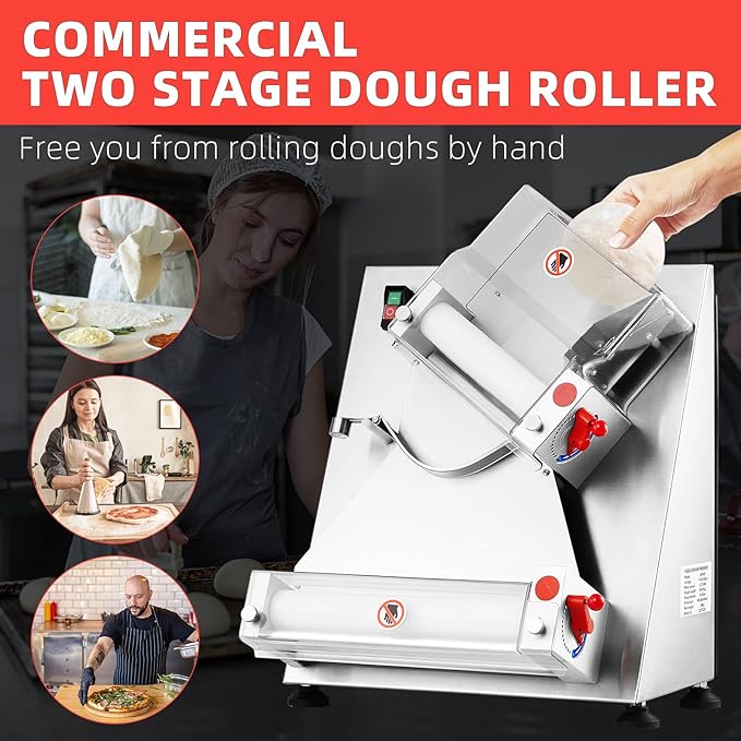 Commercial Pizza Dough Roller Sheeter, Max 12", CHEINAUTO Automatic 370W Electric Pizza Dough Roller, Stainless Steel, Suitable for Noodle, Pizza Bread and Pasta Maker Equipment