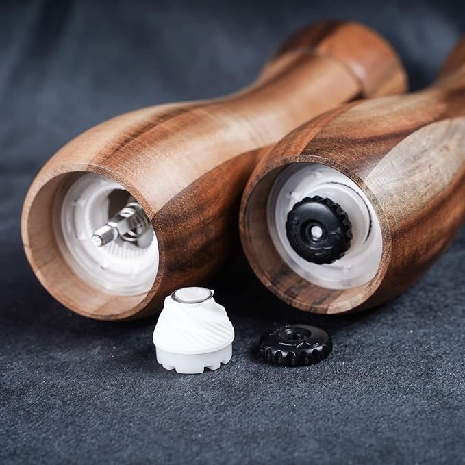 Salt and Pepper Grinder Set with Mill Tray, Set of 2 Salt and Pepper Mill with Ceramic Grinder Acacia Wood, Height 20.5 cm, Dia 6 cm