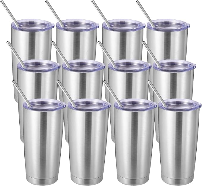 Volhoply 20oz Stainless Steel Tumbler with Lid and Straw Bulk 12 Pack,Double Wall Insulated Travel Iced Coffee Mug Fits Cup Holder,Powder Coated Cups for Hot/Cold Drinks,Christmas Gifts（Silver,12 Set）