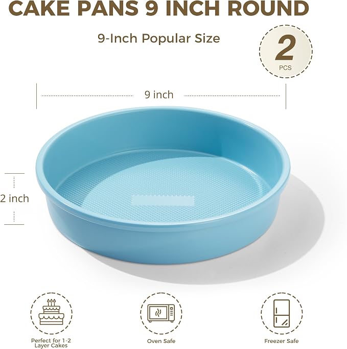 HONGBAKE Nonstick Ceramic 9 Inch Round Cake Pan Set of 2, Heavy-Duty Aluminized Steel Round Cake Pans with Diamond Texture, Non-Toxic Cake Molds, Cake Pans 9 Inch Round for Baking Cheesecake, Blue