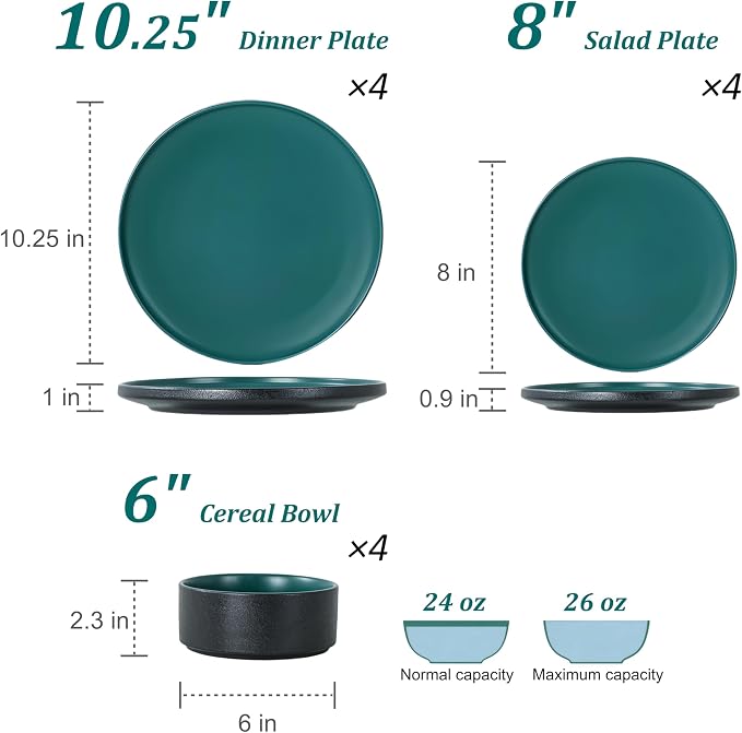 12 Piece Ceramic Plates and Bowls Sets for 4, Modern Green | Stoneware Dinnerware Set, Dishwasher & Microwave Safe, Handcrafted, Perfect for Family and Gatherings