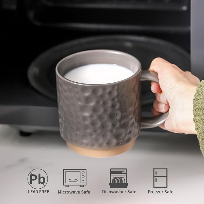 Nihow Ceramic Coffee Mug Set of 4, 16OZ Stackable Coffee Mug Set with Stainless Stand,Large Cup Set for Cappuccino,Tea,Hot/Cold Drinks,Dishwasher & Microwave Safe,Matte Gray