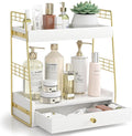 Bathroom Counter Organizer with Drawer, Slim 2-Tier Vanity Countertop Storage Shelf for Skincare, Toiletries & Small Essentials (White)