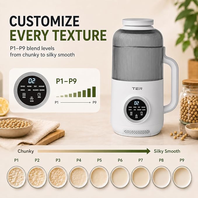 TER 40oz Nut Milk Maker Machine, 10-in-1 Automatic Soy Milk Maker for Almond, Oat & Plant-Based Milk, Self-Cleaning Milk Maker with 12H Delay Start, Keep Warm, Boil Water, Soup & Juice Upgraded