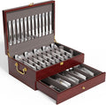 Mahogany Wood Silverware Storage Box,Silverware Case Flatware Chest with Felt Lined,Flatware Storage Box for 12 sets of Utensils（Walnut，2 Tier）