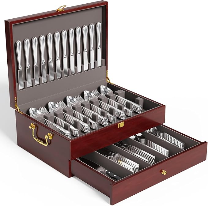 Mahogany Wood Silverware Storage Box,Silverware Case Flatware Chest with Felt Lined,Flatware Storage Box for 12 sets of Utensils（Walnut，2 Tier）